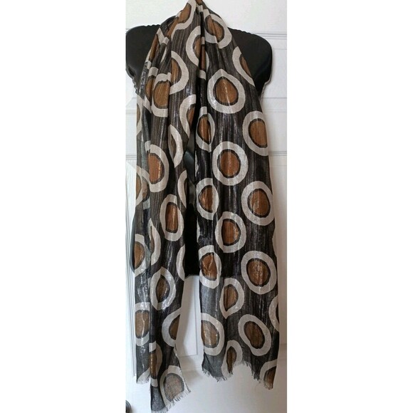 Echo Oblong Scarf Metallic Black Silver Gold Repeated Circles Long  80"X20" - Picture 1 of 5